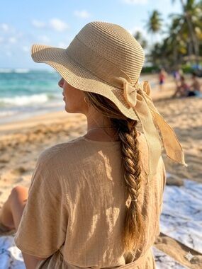 Elegant Cream Wide Brim Straw Sun Hat - Summer Beach Floppy Hat
